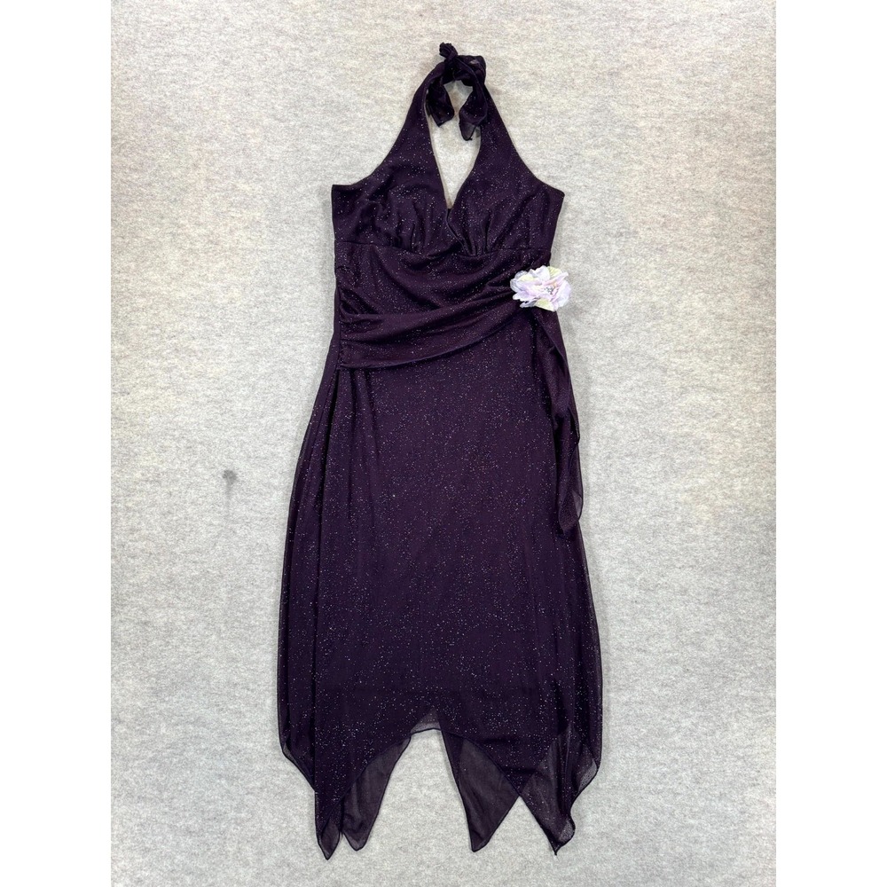 Speechless Glitter Halter Dress Womens L Purple Handkerchief Hem Party Evening